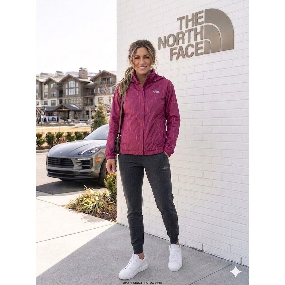 🔥The North Face🩷🧡🩷 Berry & Orange Print Hooded Windbreaker Jacket -L